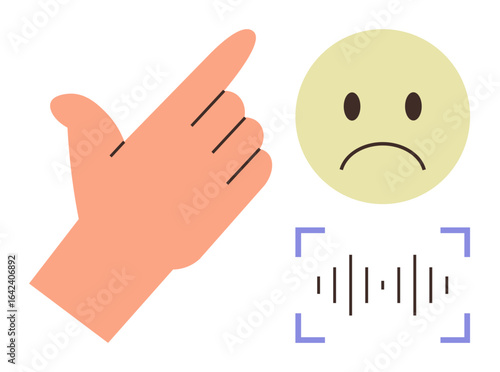 Hand snap gesture near a sad face with audio wave recognition. Ideal for disapproval, feedback, communication, emotions, technology, nonverbal cues, interaction design concepts. Simple flat metaphor
