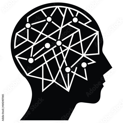 Black head silhouette with white neural network brain