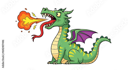 A Fierce Green Dragon with Purple Wings Unleashes a Torrent of Fire and Smoke from its Snout Symbolizing Fantasy Mythological Creatures and Fierce Beasts