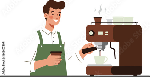 Barista making coffee with espresso machine holding cup in apron vector illustration 