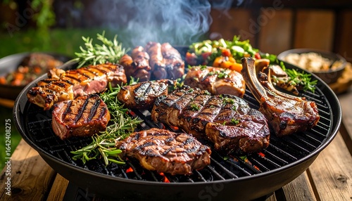 Various grilled meats on a barbecue
