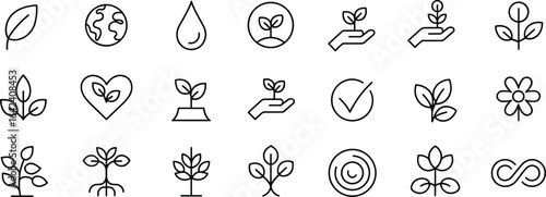 Collection of black outline icons representing nature growth and sustainability concepts leaf plant