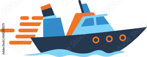 Speedboat vector illustration with orange and blue colors on water waves in landscape orientation