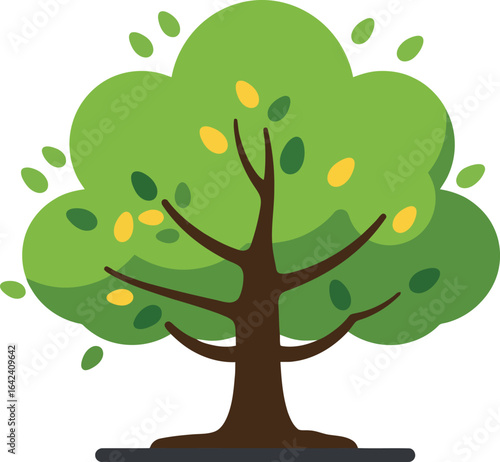 Green Tree with Yellow Fruits and Brown Trunk Vector Illustration in Flat Design Style 