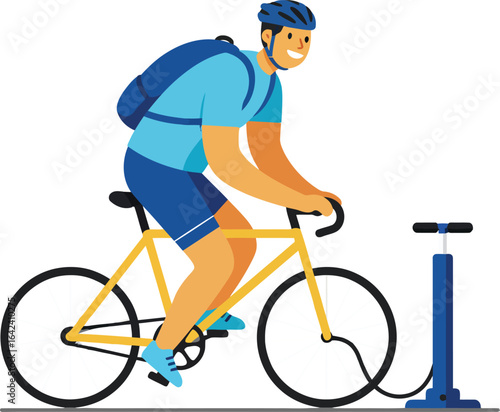 Male cyclist pumping bicycle tire before ride in casual outfit vector illustration 