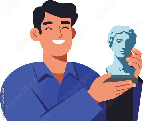 Man Holding Blue Sculpture Bust Art Appreciation Concept Vector Illustration Smiling Male Figure 