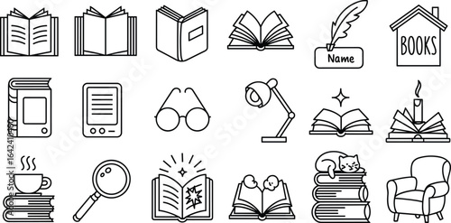 Collection of line art icons related to reading and books library literature