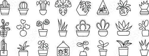 Collection of Outline Icons of Various Potted Plants and Terrariums houseplant cactus