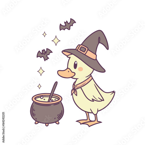A cartoon duck wearing a witch hat stirs a bubbling cauldron, surrounded by bats and sparkling stars.