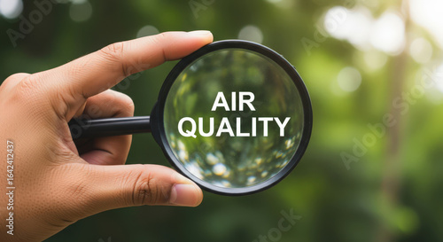 Magnifying Glass Focusing on Air Quality Text with a Blurry Green Background Emphasizing Environmental Awareness and the Importance of Clean Air Initiatives