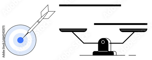 Dart in target next to a balanced scale illustrates precision, fairness, and equilibrium. Ideal for business, justice, strategy, goals, decision-making, equality or success concepts simple flat