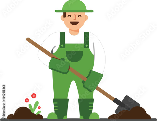 Gardener in green outfit planting flowers with shovel vector illustration in flat style 