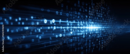 Abstract blue digital background with binary code and glowing lines, representing technology and data transfer in the field of cybersecurity or big data systems Generative AI