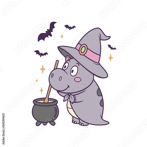 A cartoon hippopotamus dressed as a witch stirs a cauldron, surrounded by bats and stars on a white background.