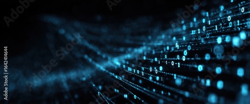 Abstract blue digital background with binary code and data flow lines, a technology concept Generative AI