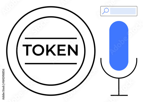 Token within circular border, search bar with magnifying glass, and microphone icon. Ideal for blockchain, search technology, digital interaction, virtual payments, voice recognition, technology