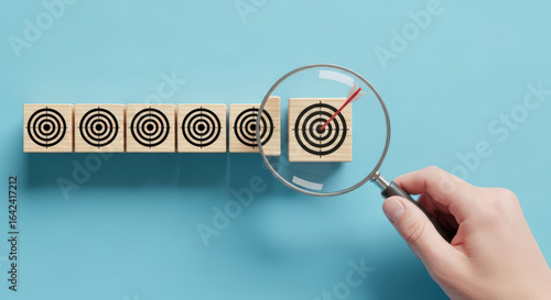 Focusing on the Right Target A Conceptual Image of Identifying and Selecting the Correct Goal for Business Success with Magnifying Glass and Target Blocks