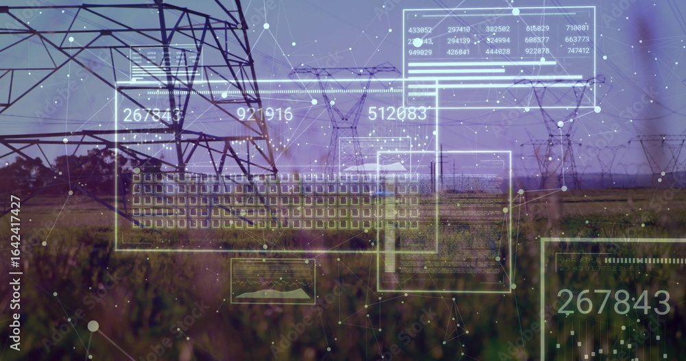 Fototapeta premium Displaying steel lattice transmission tower standing in grassy field, with digital UI overlays