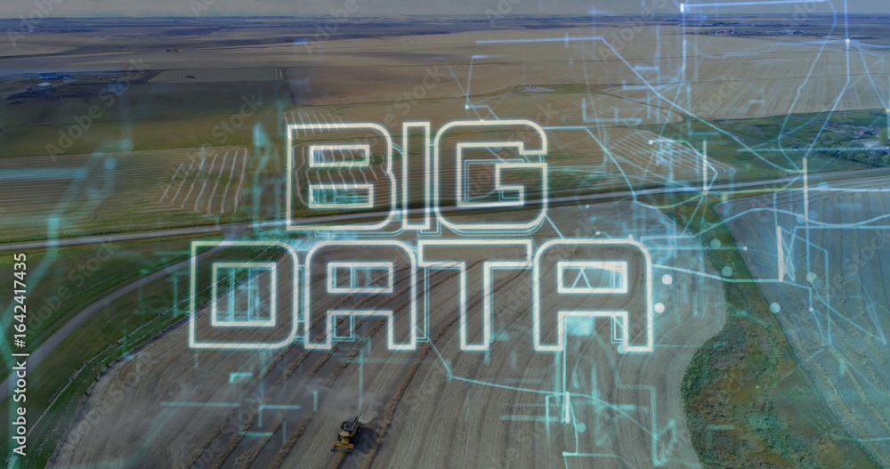 Obraz premium Displaying stylized BIG DATA text overlaying farmland, with tractor and circuit patterns