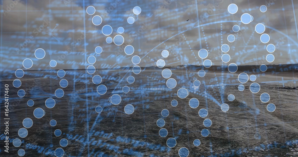 Obraz premium Displaying digital DNA helix floating over sea at dusk, with nodes, grid lines and code text