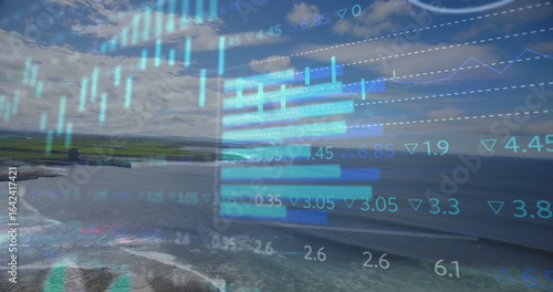 Displaying digital financial charts overlaying rocky coast, with ocean waves and marshy fields © vectorfusionart