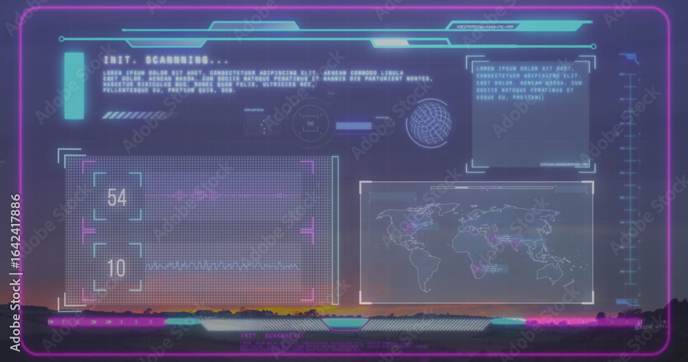 Obraz premium Scanning neon purple HUD overlay with data panels over open plain during sunset, showing readouts