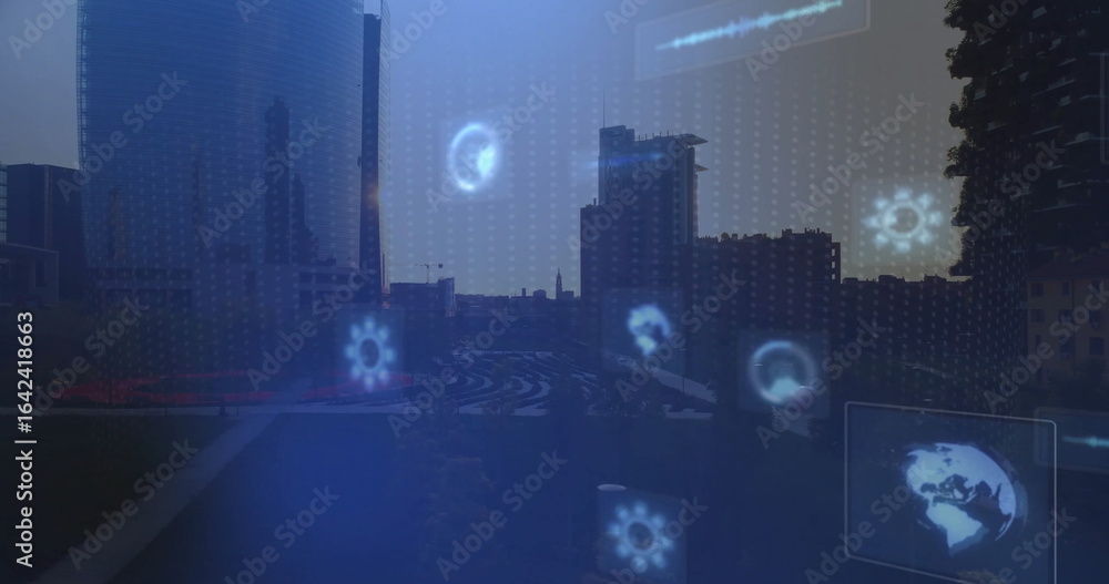 Obraz premium Displaying city skyline in urban plaza at dusk, featuring glowing cogwheels, waveform and globe map