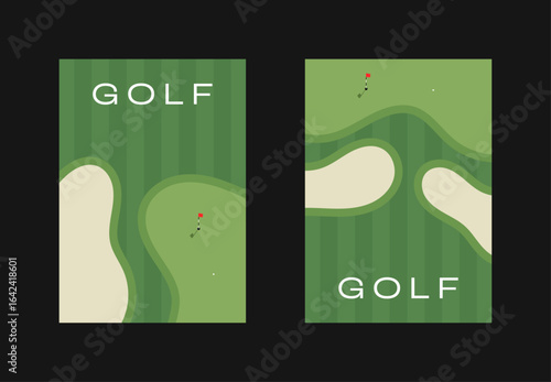 Golf poster design with golf course illustration. Golf course illustration with putting green and bunker sand traps. Golf background for poster, invitation, flyer. 