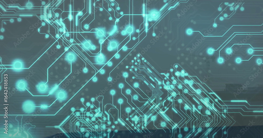 Fototapeta premium Showing glowing cyan circuit covering digital interface, with circular nodes and grid traces