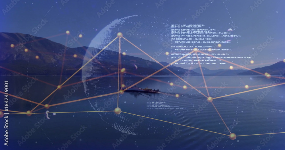Naklejka premium Gliding rowing team wearing life vests across mountain lake at twilight, with data network overlay