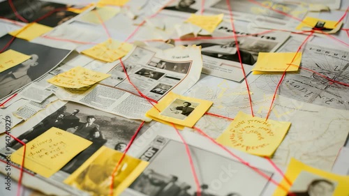 Overhead shot investigation board covered in news clippings, photos, sticky notes with handwritten messages,, map, all interconnected with red string, creating visual representation complex mystery