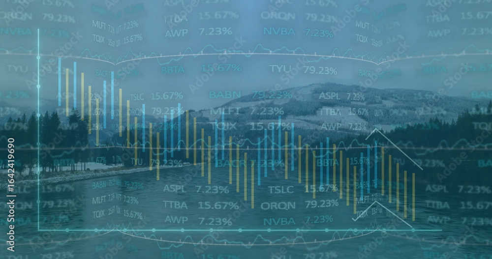 Naklejka premium Displaying financial chart over alpine lake with candlestick bars, line graphs and stock tickers