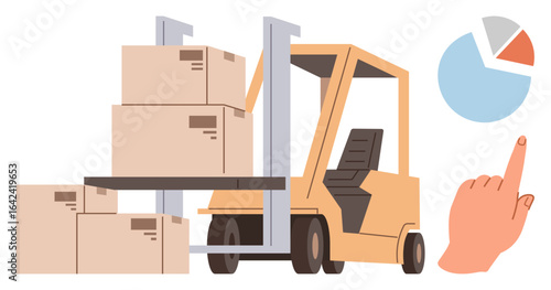 Forklift carrying stacked boxes, hand pointing at pie chart with data segments. Ideal for logistics, supply chain, delivery, inventory, business analytics, warehouse management, simple flat metaphor