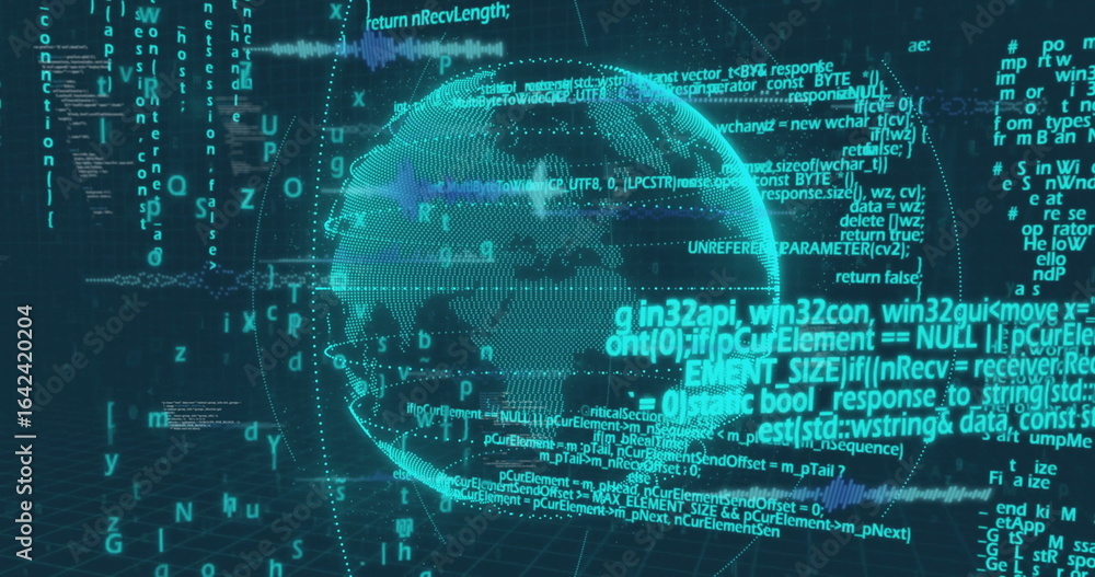 Fototapeta premium Displaying holographic wireframe globe rotating in abstract data visualization, with code fragments