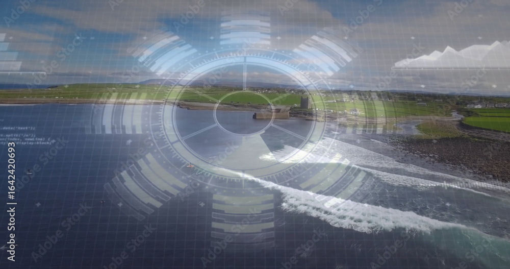 Naklejka premium Tracking speedboat speeding over coastal farmland near castle ruin, with white wake, HUD overlay