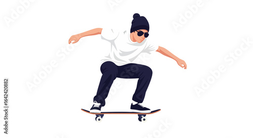 Illustration of a stylish young skateboarder in action. Cool male character in a beanie and sunglasses riding a skateboard on an isolated white background.