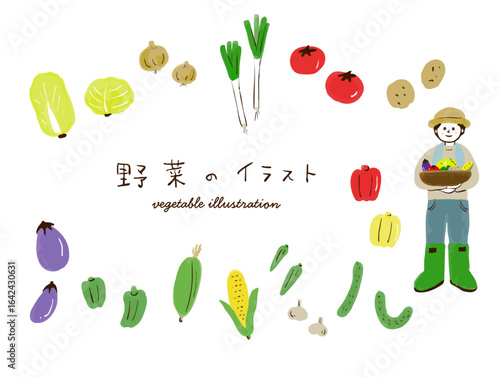 畑の野菜と男性農家の手描きイラスト Assorted vegetables, male farmer illustration