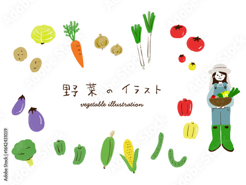 収穫した野菜と女性農家の手描きイラスト Harvested vegetables, female farmer illustration