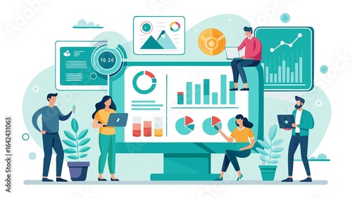 Illustration of a diverse team analyzing data on a large computer