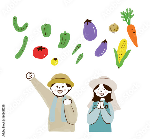 野菜と農家の男女の手描きイラスト Vegetables, male and female farmers illustration