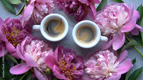 Two Coffee Cups Surrounded by Pink Peonies and Green Leaves in a Circular Floral Arrangement on Gray Background