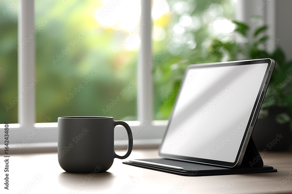 Fototapeta premium Modern Tablet and Mug on Desk Near Bright Window in Cozy Home Office