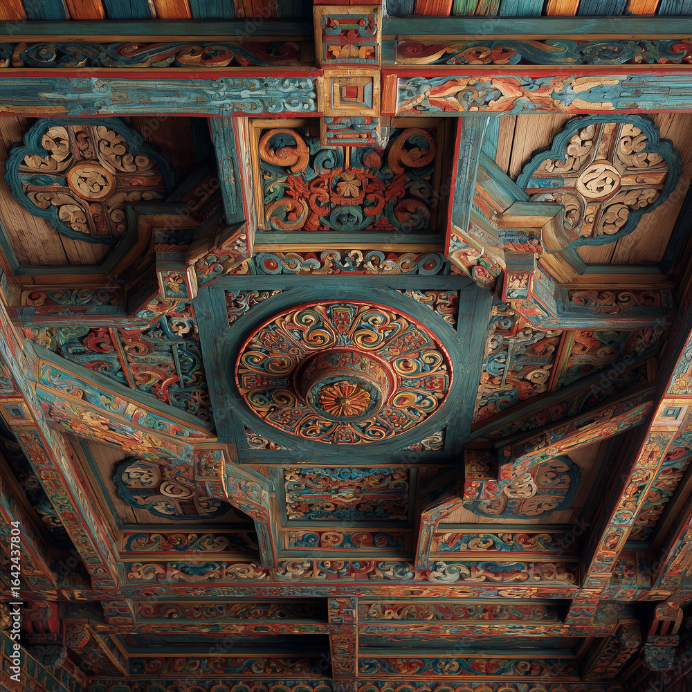 Fototapeta premium Hand-carved wooden ceiling panels in a Tibetan monastery.