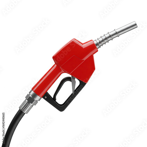 Red fuel nozzle with black handle and hose isolated on transparent background