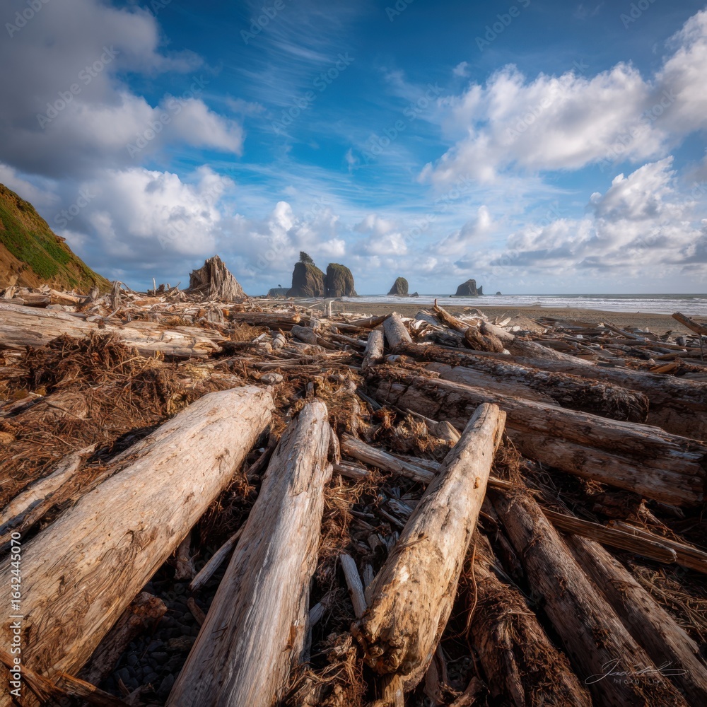 A serene beach scene featuring large pieces of driftwood. A serene beach scene featuring large pieces of driftwood.