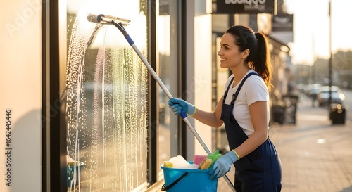 A woman cleaning the window of a shop in a sunny environment with joy