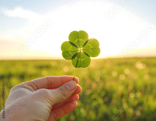 Four-leaf clover held at sunset