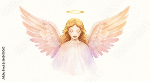 Watercolor illustration of a serene angel with golden halo and outstretched wings, depicted with soft, ethereal colors.