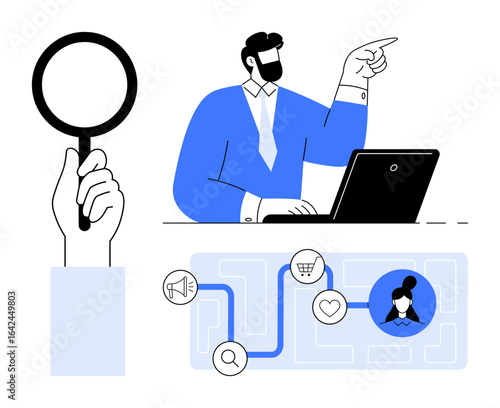 Professional analyzing customer journey map using laptop and magnifying glass. Ideal for marketing, customer experience, analytics, leadership, decision-making, problem-solving, research, simple flat