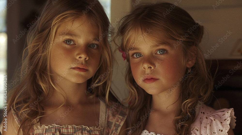 Fototapeta premium Two little girls sharing intimate moment in soft candlelight, capturing friendship bonds and emotional connection in warm atmospheric lighting